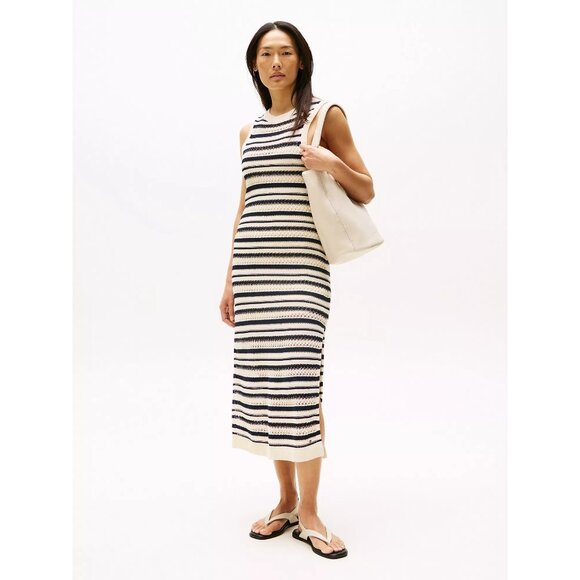 Tommy Hilfiger Sleeveless Crochet Midi Dress in Desert Sand Navy Stripe - Picture 2 of 6
